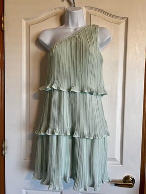 One-Shoulder Tiered Pleated Midi Dress in Sage Green